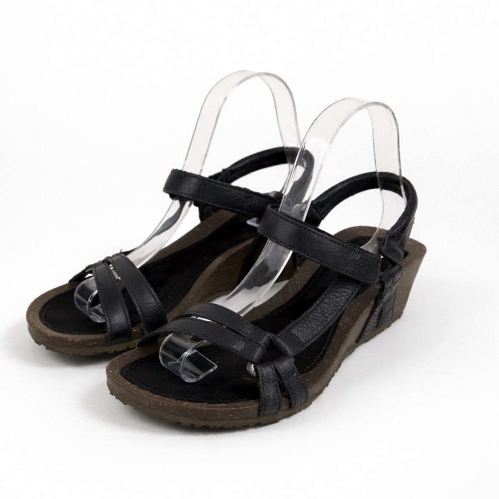 Teva Black Leather Wedge Sandals Women’s US 7.5 Comfort Straps